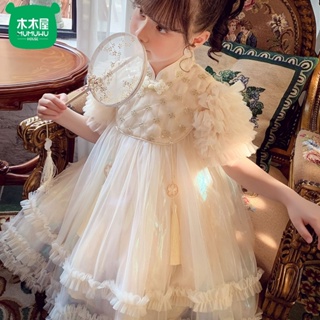 23新品直髮 現貨女童 公主裙 中國風 小女孩 洋裝 夏裝2023新款 洋氣 兒童 泡泡袖 網紗裙