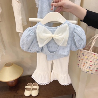 韓國童裝 女童套裝新款寶寶夏季棉質T恤短袖上衣洋氣蝴蝶結露背女孩打底衫花邊喇叭褲兩件套大童