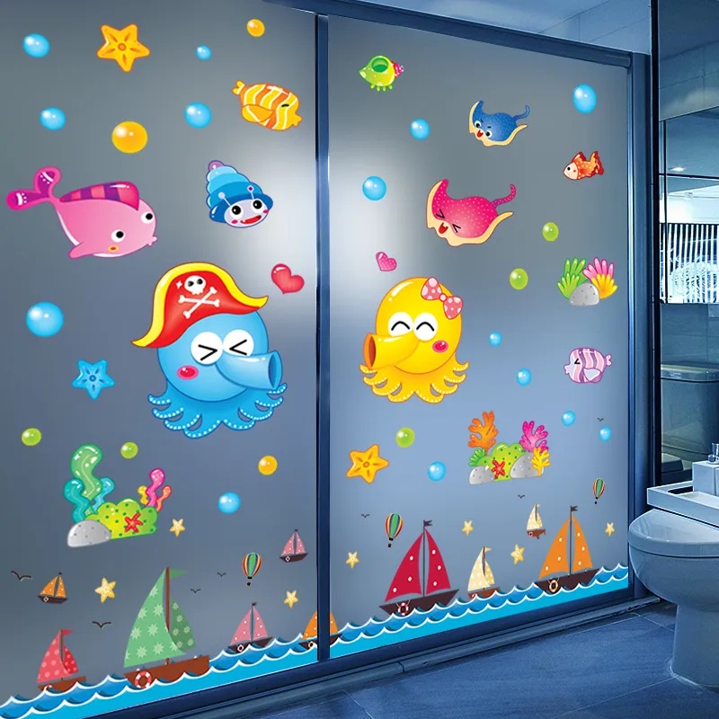 五象設計 3D立體牆貼浴室洗手間玻璃門上貼紙牆紙自粘海洋魚牆貼畫卡通壁紙