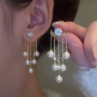 韓國水晶珍珠流蘇耳環女士時尚 S925 銀針派對婚禮吊式耳環首飾