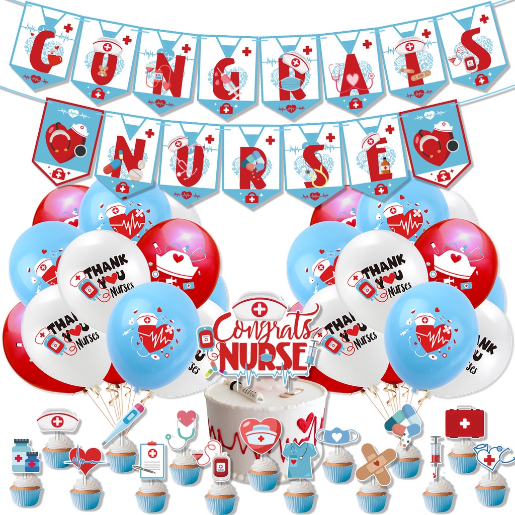 🎈辣妹子🎈醫生護士節主題派對裝飾 CONGRATS NURSE拉旗蛋糕插牌氣球套裝
