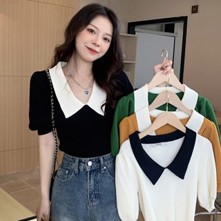 蔓莎💞2023法式高階感撞色polo領短袖上衣女夏季韓版新款洋氣減齡冰絲針織衫短袖t恤 女裝 顯瘦上衣 衣服