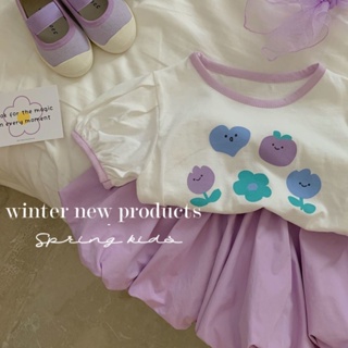 女童夏季套裝新款韓版洋氣女寶寶紫色短T花苞短褲女孩兩件套D♔
