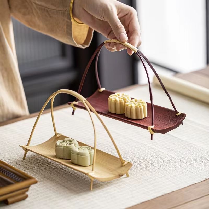 【熱銷】竹製手工婚慶糕點擺臺復古中式創意茶點盤水果籃家用小托盤小提籃