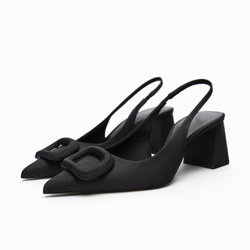 ZARA2023年夏季新款女鞋黑色裝飾品細節露跟鞋粗跟尖頭鞋高跟鞋涼鞋