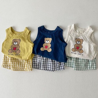 韓版夏季男女寶寶無袖背心格子短褲兩件套嬰兒洋休閒薄款小熊套裝 兒童夏季套裝 休閒套裝 短袖套裝