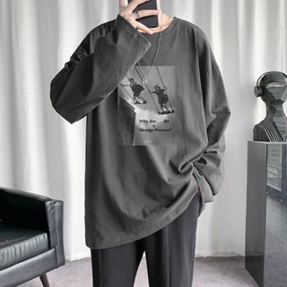 秋季潮流男裝t恤男裝潮牌寬鬆長袖t恤男潮牌百搭上衣港風時尚大碼印花打底衫12.30