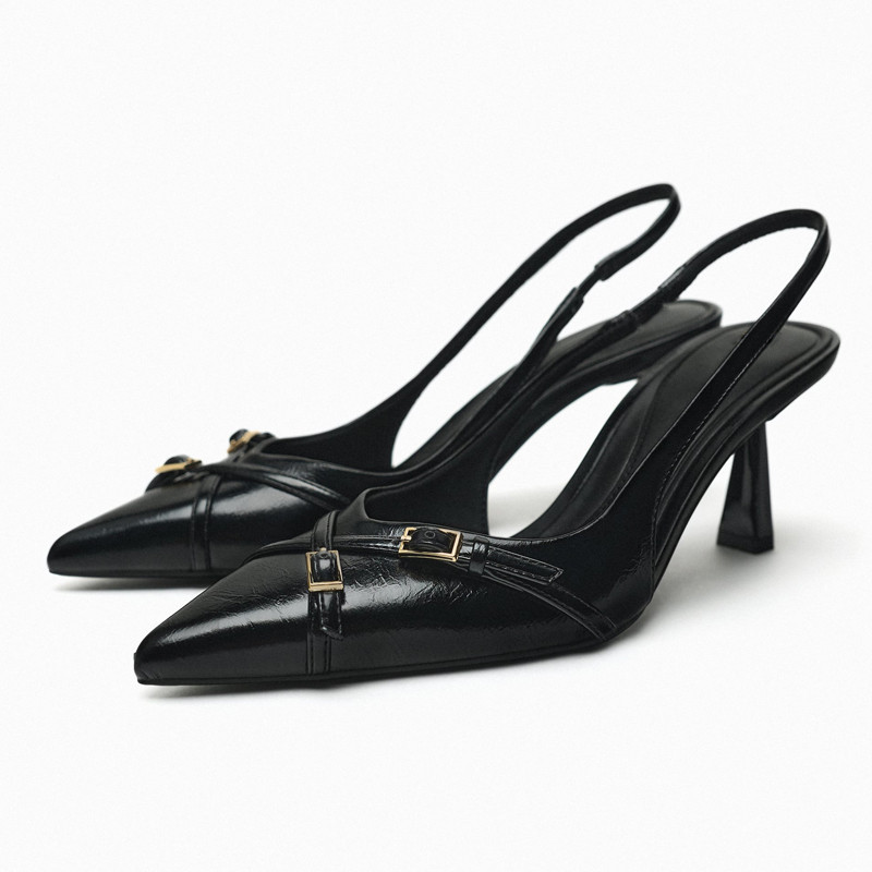 ZARA2023新款TRF女鞋黑色搭扣飾高跟鞋穆勒鞋交叉皮帶扣淺口涼鞋子