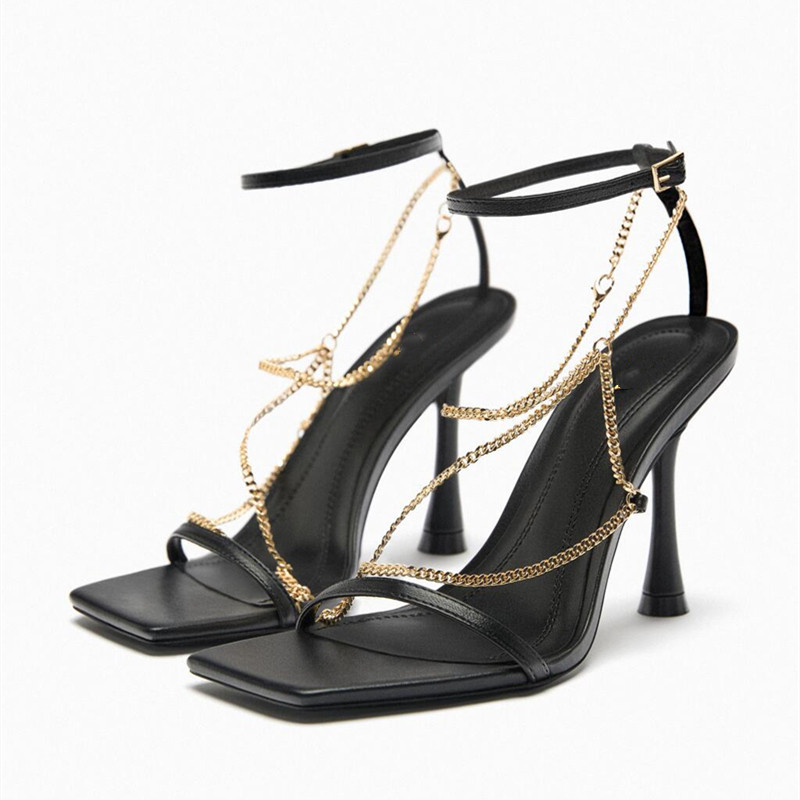 ZARA2023年夏季新款女鞋黑色鏈條細節裝飾皮革高跟鞋方頭露趾涼鞋女