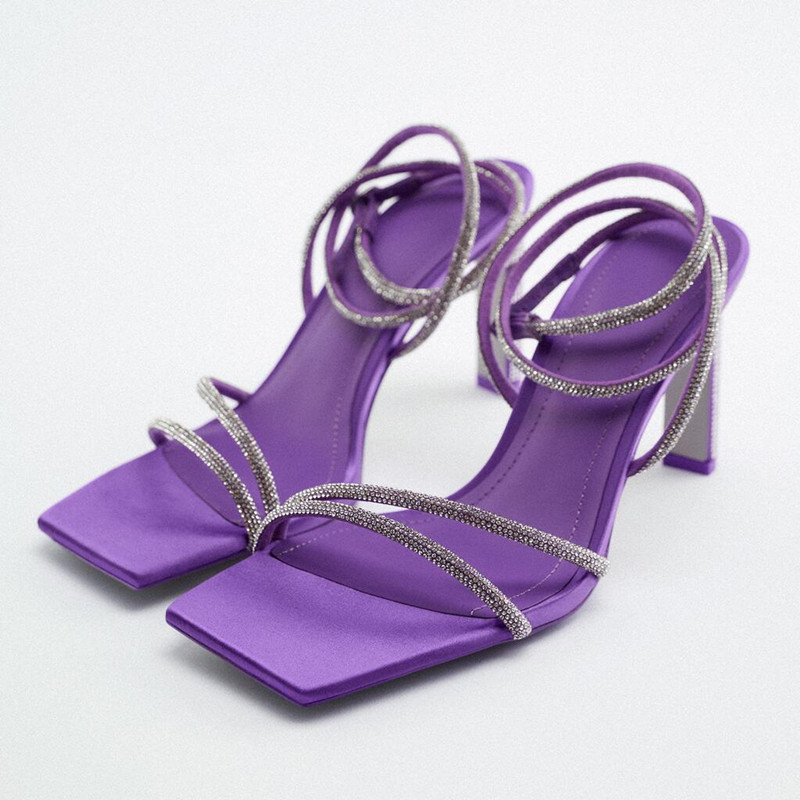 ZARA2023年夏季新品女鞋紫色亮飾拉帶高跟鞋細跟水鑽露趾涼鞋女