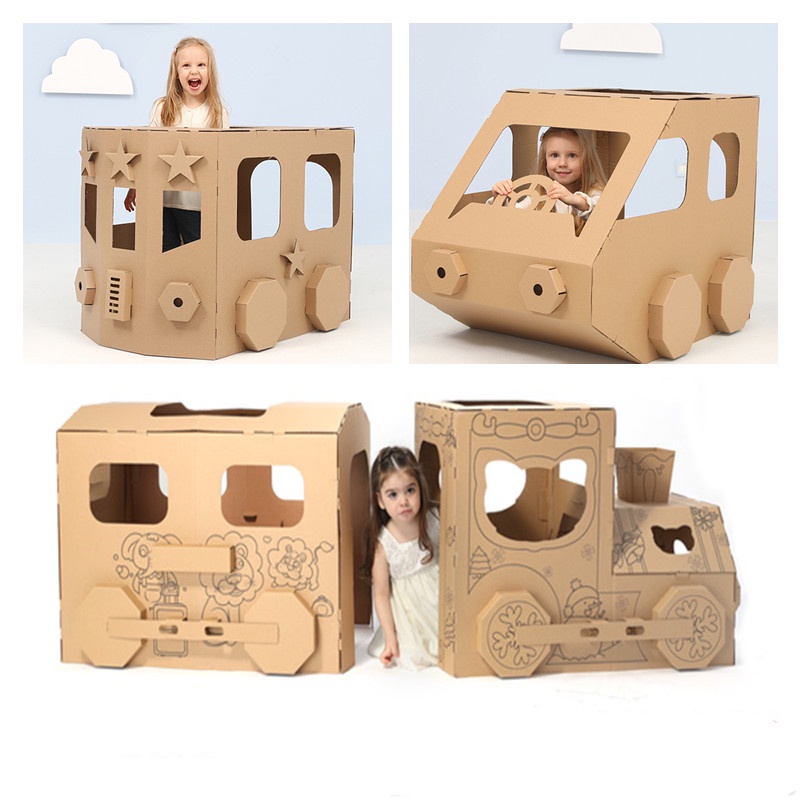 紙箱手工製作城市交通模型組裝動車高鐵塗鴉色火車紙板盒兒童玩具