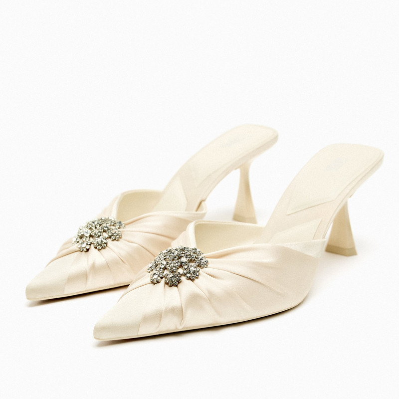 ZARA2023秋季新款女鞋米白色雪花水鑽飾高跟涼鞋尖頭淺口綢緞面涼拖