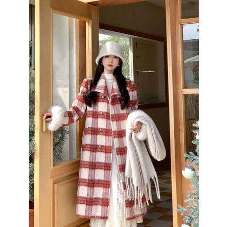 【CLOUD】耶誕紅色格紋毛呢外套女秋冬韓系小個子氣質高級感綿羊毛毛呢大衣