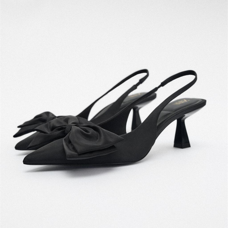 ZARA2023春季新款女鞋黑色蝴蝶結法式性感露跟高跟鞋尖頭鞋細跟涼鞋