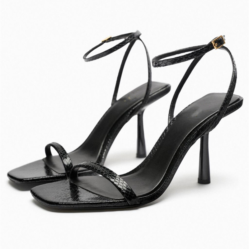 ZARA2023年夏季新款女鞋黑色一字帶氣質高跟鞋細跟性感方頭露趾涼鞋