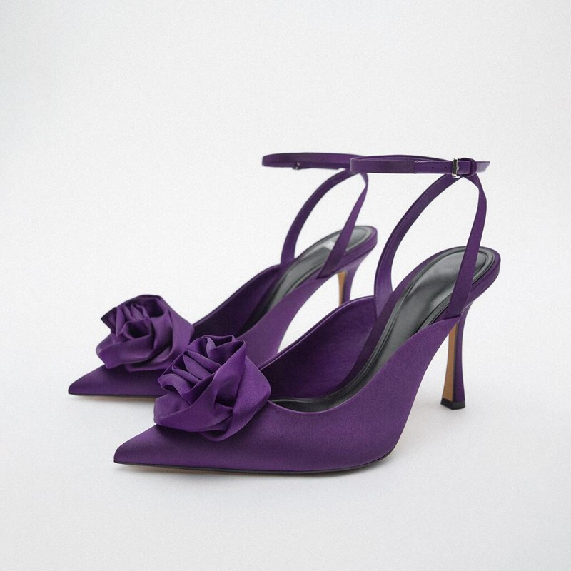 ZARA2023秋季新品女鞋紫色花朵裝飾高跟鞋尖頭鞋細跟後絆帶百搭涼鞋
