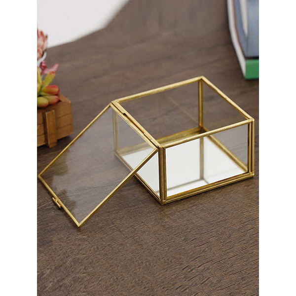 簡約復古金邊歐式精緻玻璃首飾盒珠寶收納盒伴手禮方形花房消磁盒