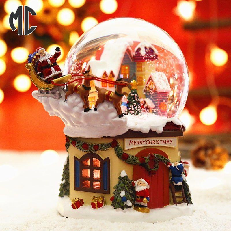 聖誕老人燈光旋轉水晶球音樂盒雪人發條自墜雪花聖誕禮物