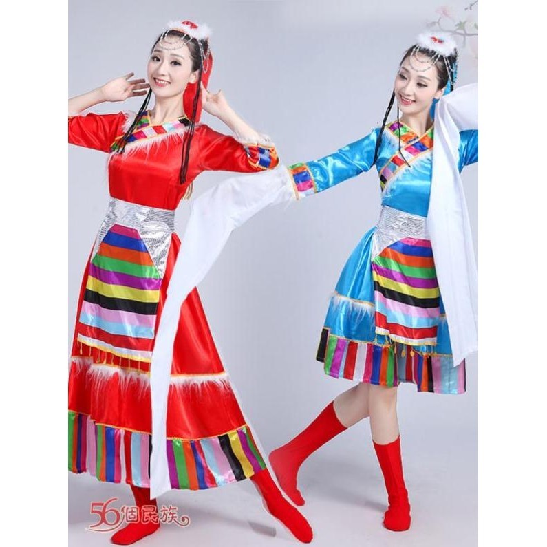 藏族舞蹈表演服裝女新款成人水袖藏服藏式衣服廣場舞少數民族服飾 舞蹈服