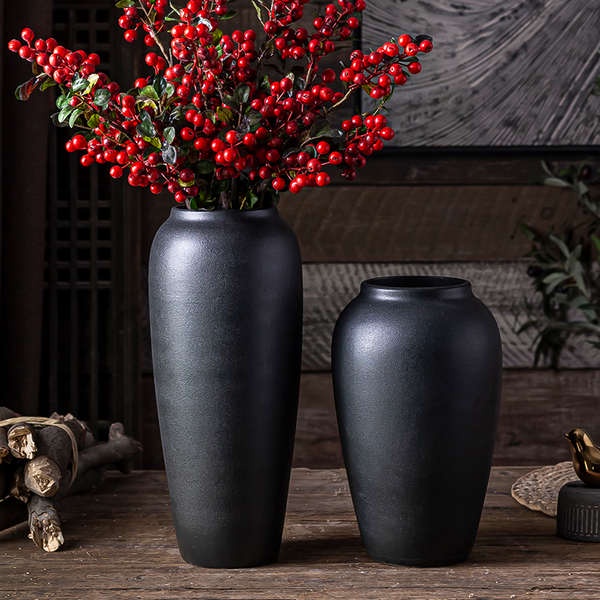 陶瓷粗陶復古黑色陶罐花瓶擺件黑陶客廳銀柳落地大號冬青乾燥花插花