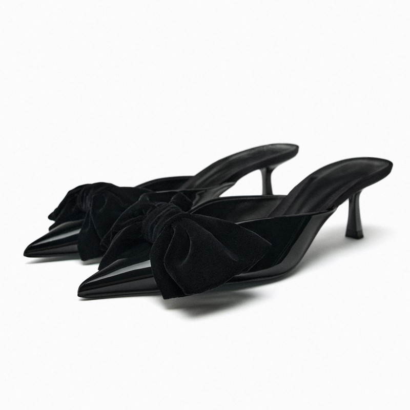 ZARA2023秋季新品女鞋黑色天鵝絨蝴蝶結飾穆勒鞋高跟鞋尖頭涼拖外穿