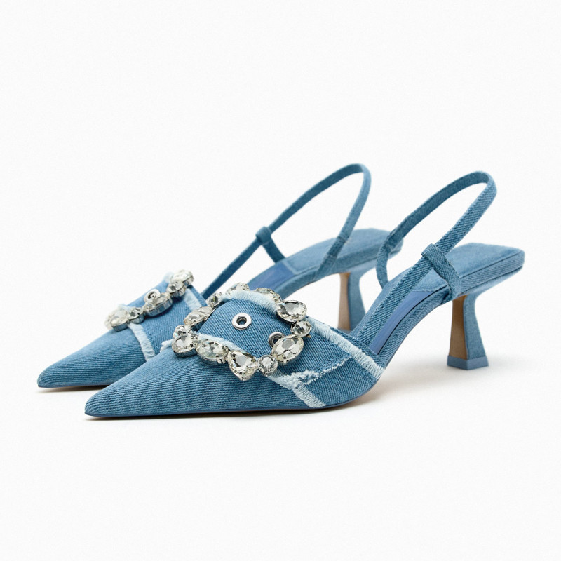 ZARA2023秋季新款女鞋海藍色皮帶搭扣飾牛仔水鑽露跟高跟鞋尖頭涼鞋