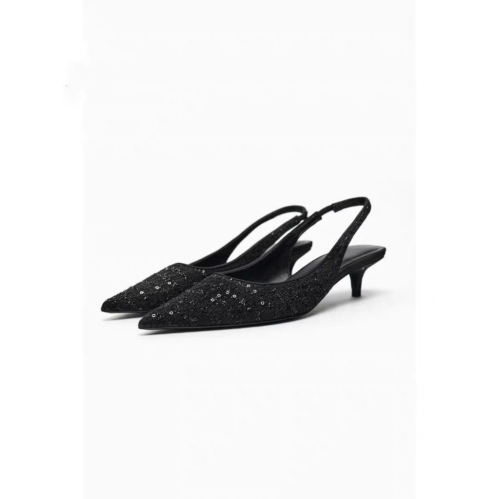 zara 家2023年夏季新款材質露跟高跟鞋黑色珠片裝飾包頭涼鞋
