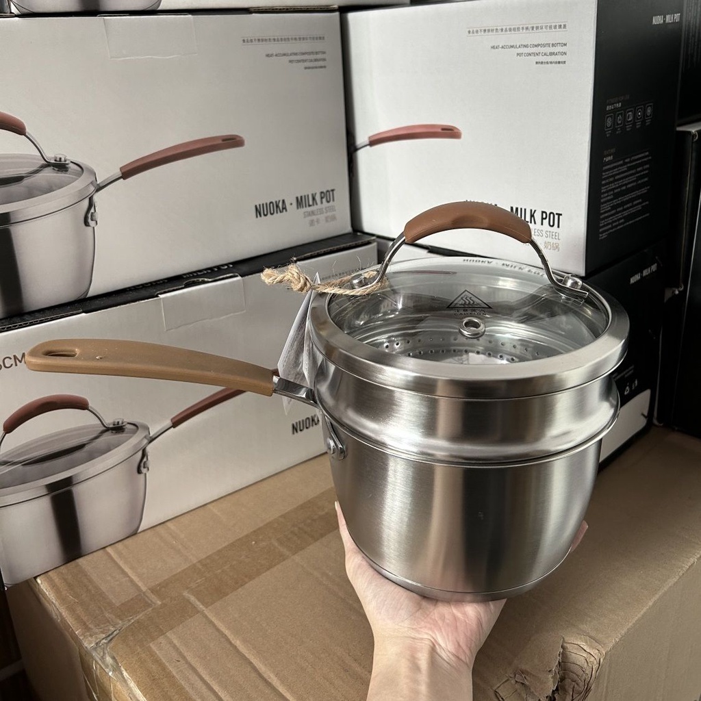 新款304鋼矽膠奶鍋 雙層蒸鍋 複合湯鍋 無塗層輔食鍋