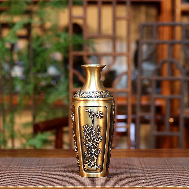 新款純銅花瓶擺件桌面銅花瓶裝飾仿古花器金屬客廳插花創意擺設小花瓶