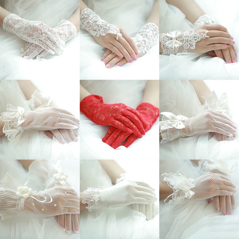 【熱賣】新娘婚紗攝影手套配飾勾指蝴蝶結影樓拍照結婚短款蕾絲網紗手套女