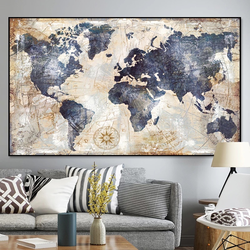 無框復古世界地圖帆布繪畫牆壁圖片適用於客廳海報和版畫現代藝術家居牆壁裝飾