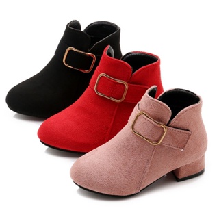女童靴紅色時尚絨面革高跟鞋馬丁靴 3-12 歲兒童黑色單鞋英式