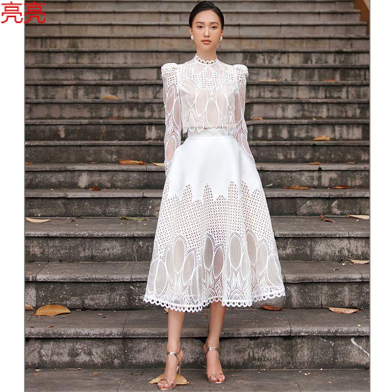 （亮亮）現貨 2022秋新款 越南 小眾設計師 品牌 訂製 洋裝 白色 長袖 蕾絲 氣質 禮服裙