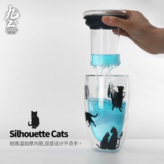 九土創意貓咪耐高溫雙層玻璃杯玻璃茶杯帶蓋茶濾玻璃杯加厚女用隔熱泡茶貓杯辦公室杯子家用水杯花茶杯透明咖啡杯CUPR0063