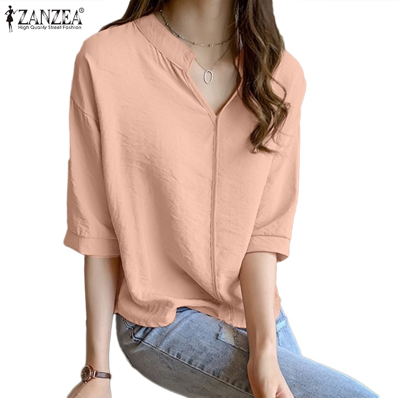 Zanzea 女裝時尚 V 領四分之三袖領純色上衣