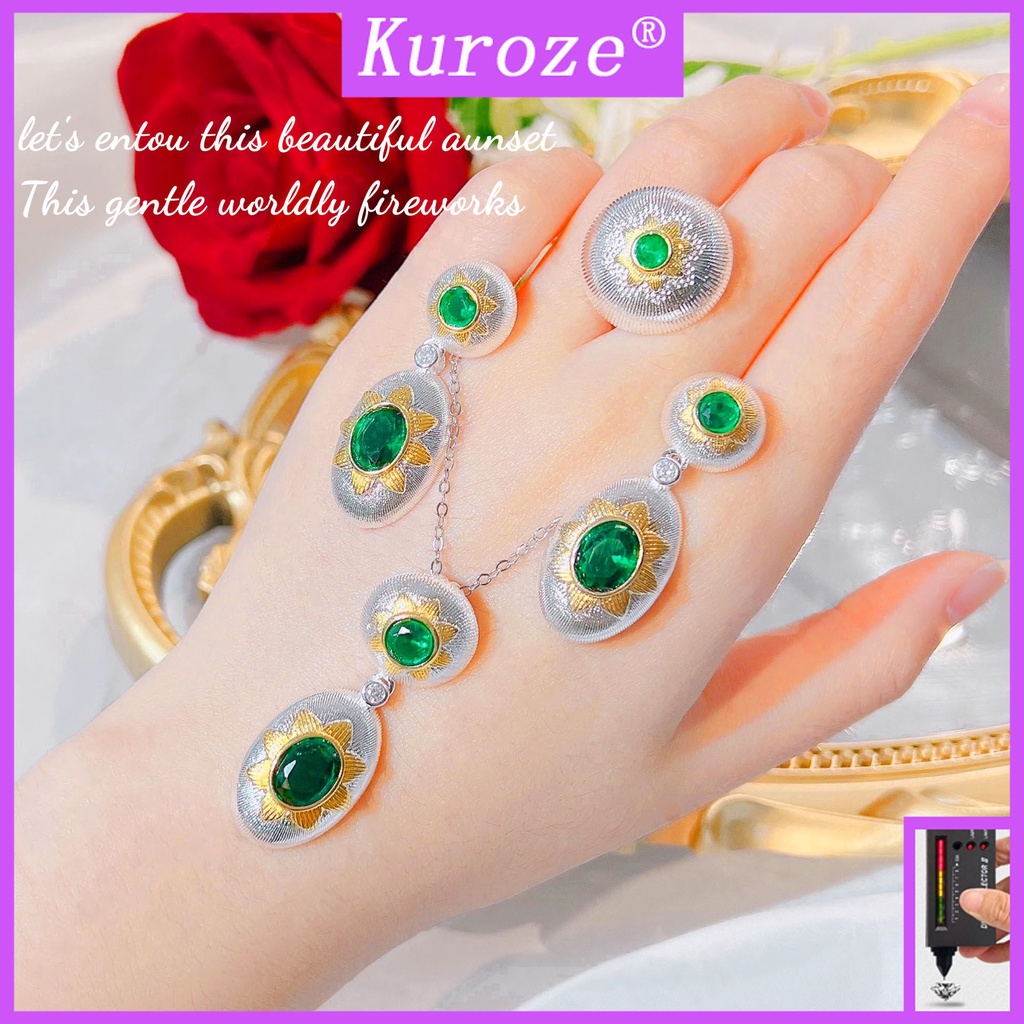 Kuroze 復古海藍寶石吊墜套裝 優雅綠鑽耳環彩色寶石項鍊戒指