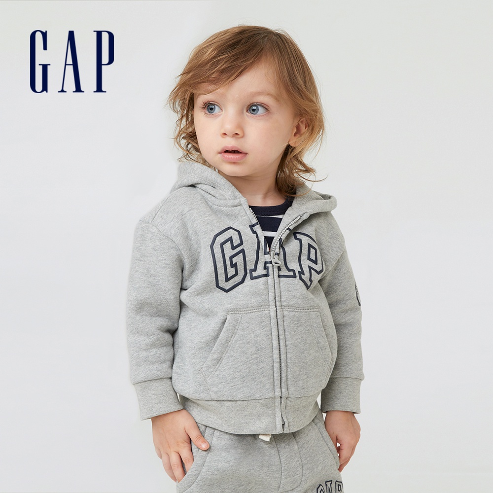 Gap 嬰兒裝 Logo熊耳造型刷毛長袖外套 碳素軟磨系列-淺灰色(460272)