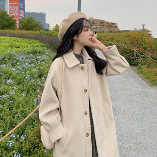 ins韓版呢大衣外套 女寬鬆顯瘦落肩上衣 排扣翻領百搭減齡 毛呢大衣 簡約氣質排釦大衣 中長款毛呢外套 長版外套