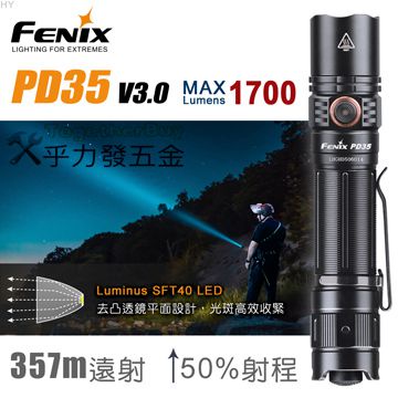 [乎力發五金] FENIX PD35 V3.0 附18650電池 1700流明 戰術雙開關 小直強光LED手電筒 爆閃