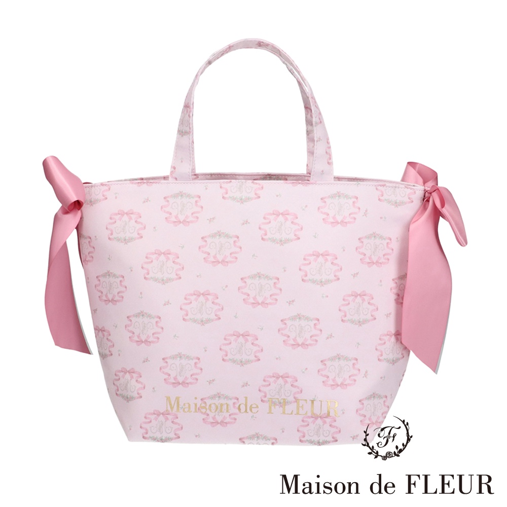 Maison de FLEUR 9週年紀念玫瑰印花雙緞帶手提包(8A23F0J5900)