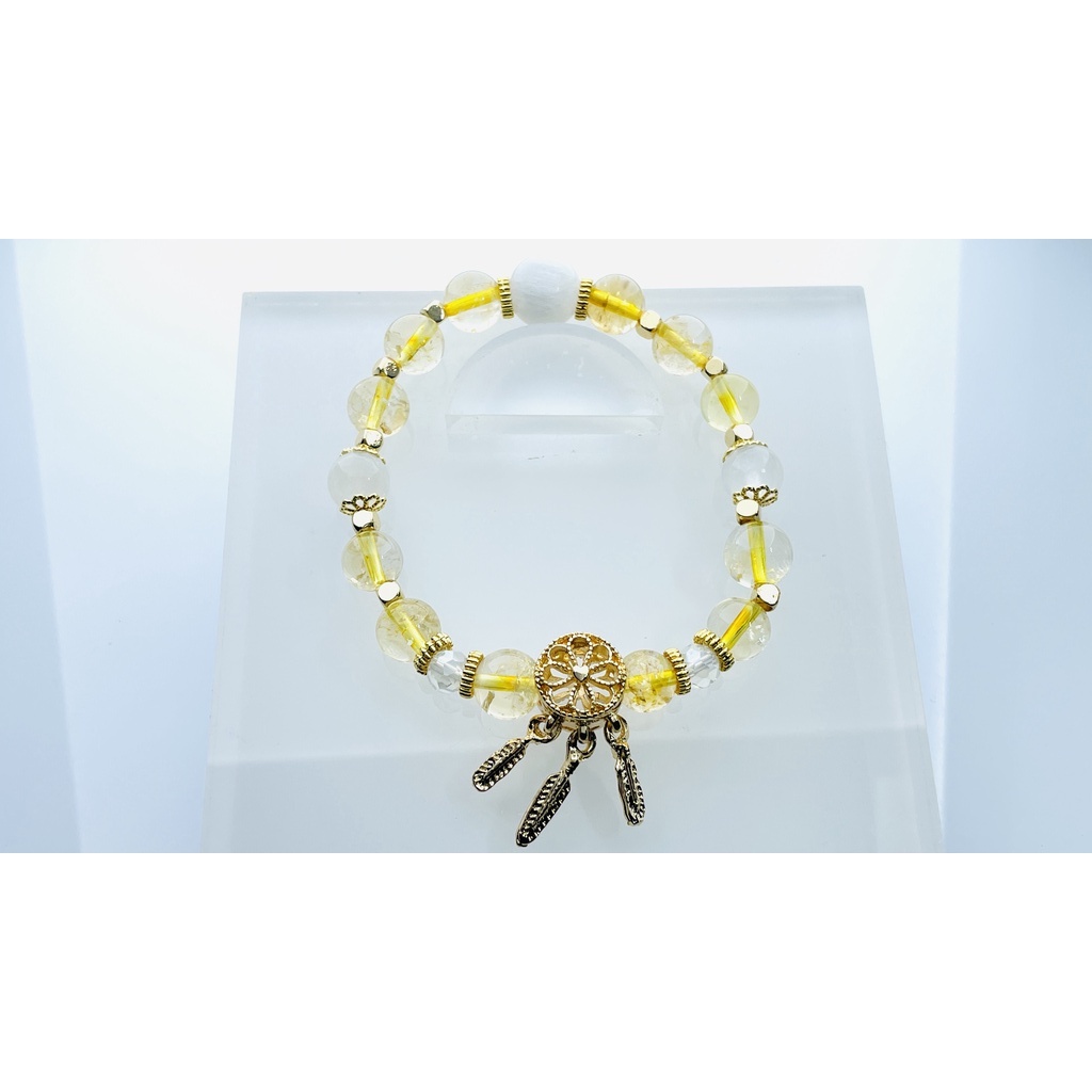 [源生晶]  (A381) 黃水晶 透石膏貓眼  手珠 手串 手鍊 手圍 15  飾品