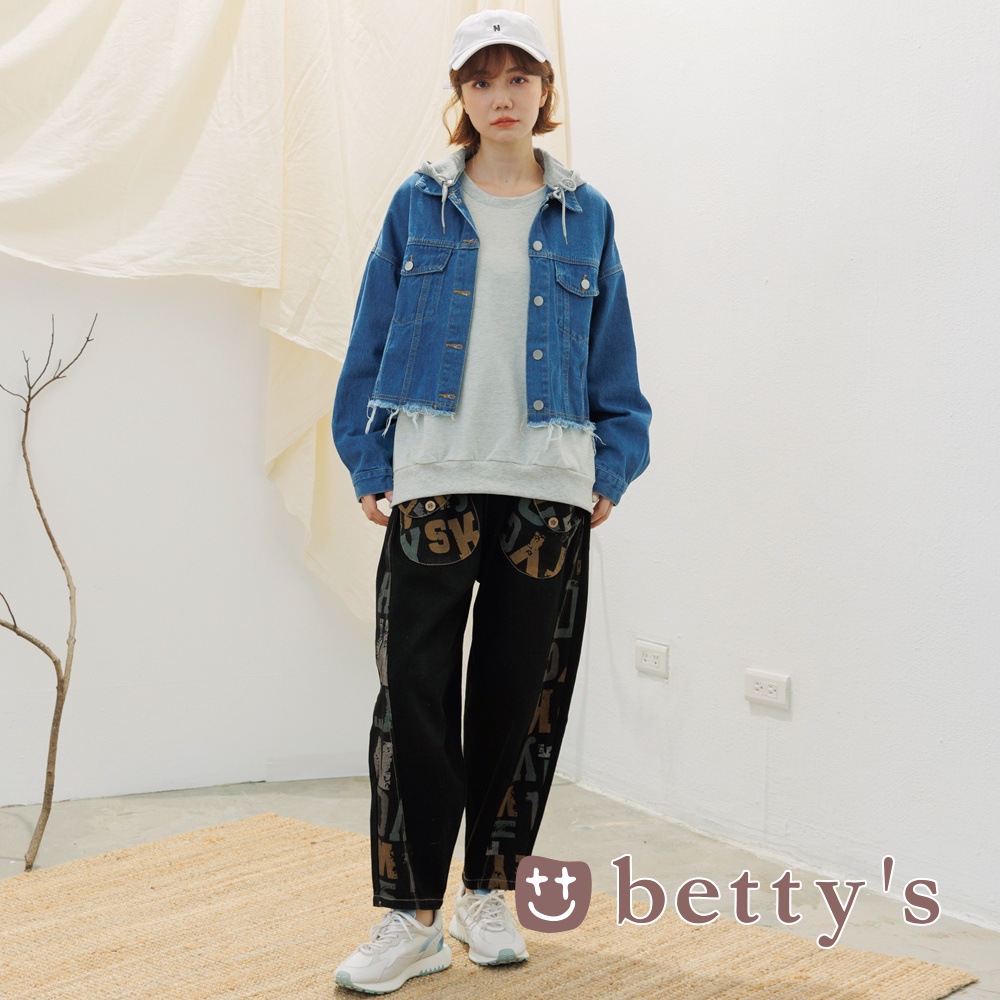 betty’s貝蒂思(15)復古風印花寬鬆牛仔褲(黑色)