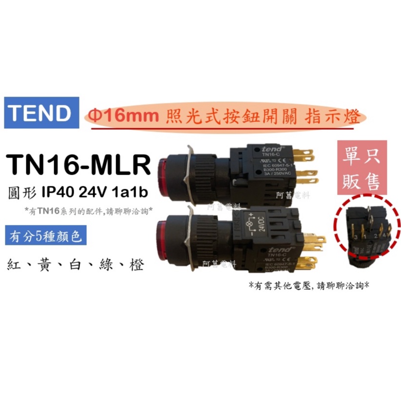 TEND 復歸型 照光式按鈕開關 TN16-MLR 16mm LED 燈泡 圓形 IP40 24V 1a1b 照光按鈕