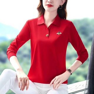 Polo 純棉polo領衫長袖t恤 女中年媽媽秋裝上衣翻領休閑女士運動服