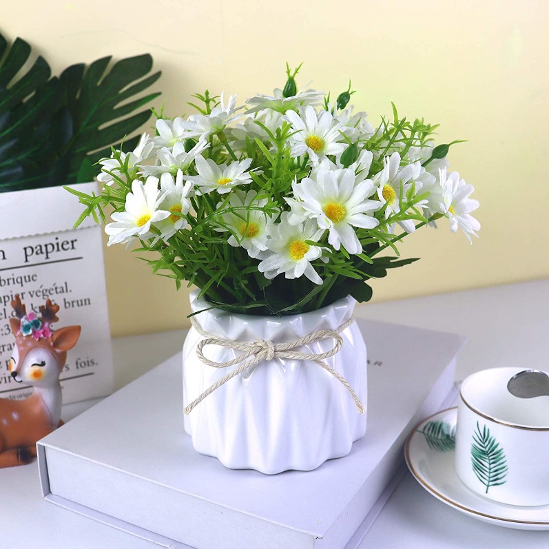 人造雛菊花束帶小花瓶假絲雛菊花假植物盆景裝飾傢庭辦公桌中心裝飾品佈置婚禮