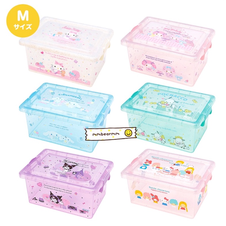 日本正版 kitty 美樂蒂 大耳狗 庫洛米 帕恰狗 雙子星 家族款 透明可堆疊附蓋收納盒M 置物盒 衣櫥收納箱 整理箱