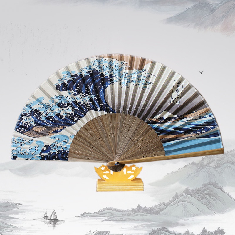 日本折扇 和風裝飾扇 絲綢絹扇子 櫻花海浪扇 日式店鋪裝飾品團扇