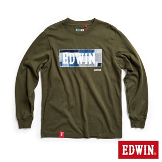EDWIN 再生系列 牛仔拼接印花LOGO長袖T恤(橄欖綠)-男款