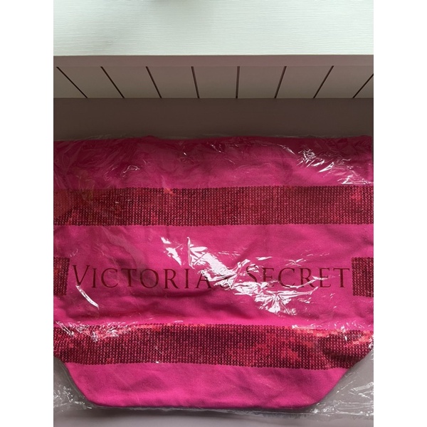 維多利亞的秘密 Victoria’s Secret 桃紅色手縫亮片帆布包 購物袋