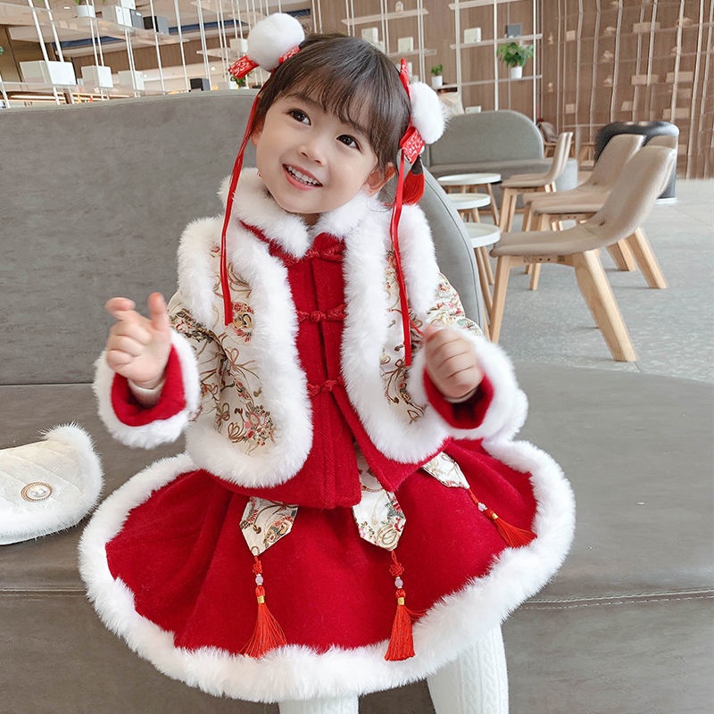 【現貨】洋裝女童套裝兒童套裝女童過年漢服一整套新年衣服兒童中國風過年寶寶2022拜年服最新款